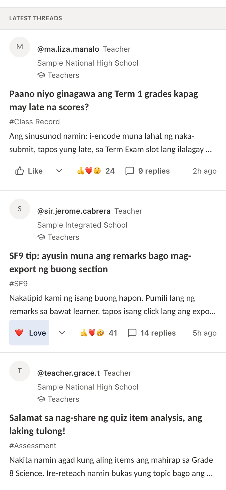 The teachers-only GuroHub feed on a phone: threads from verified teachers about Term 1 grades, SF9 remarks and quiz item analysis, with replies and reactions