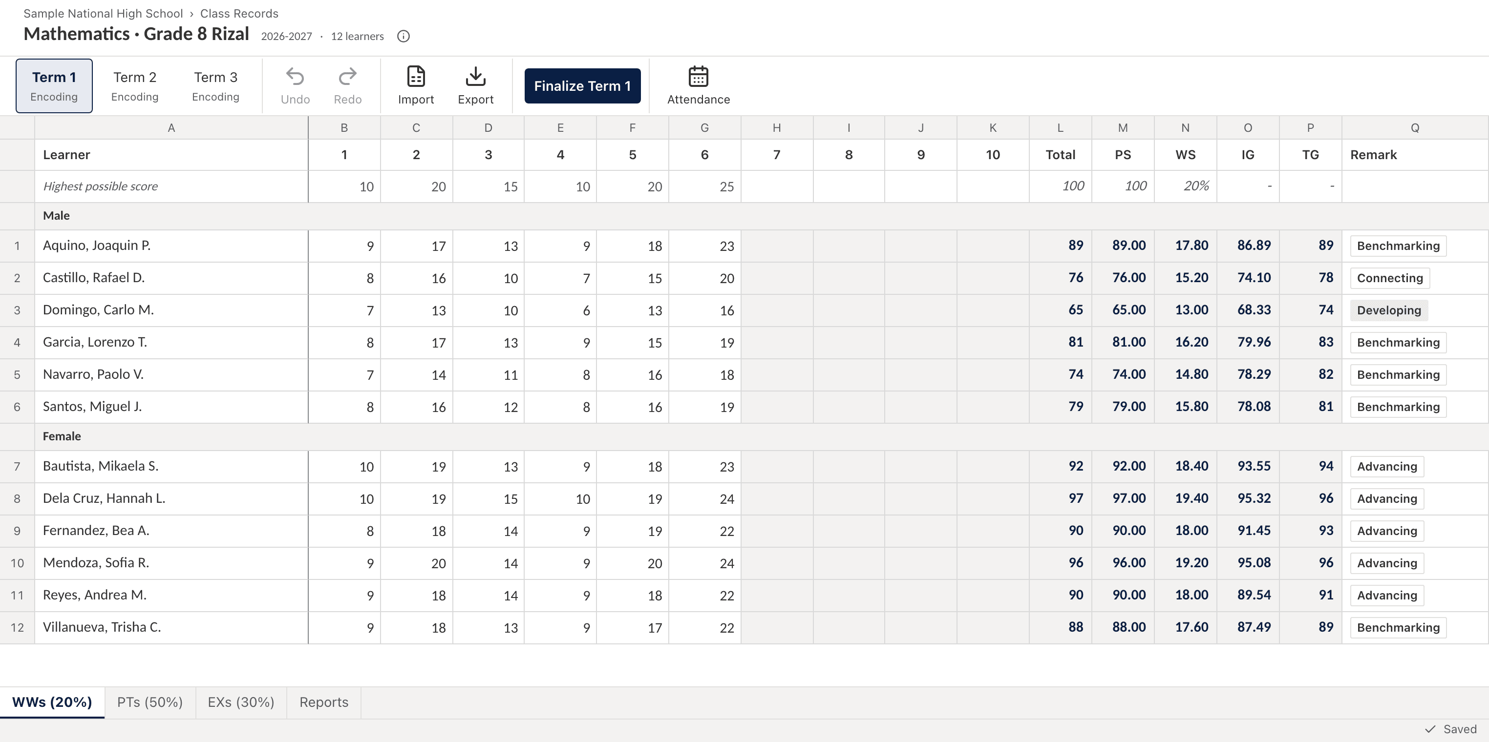 The Mathematics, Grade 8 Rizal class record on a laptop: Written Works scores for 12 learners, with the total, percentage score, weighted score, initial grade and transmuted grade computed for each